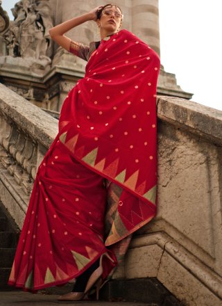 Red Khadi Silk Designer Saree