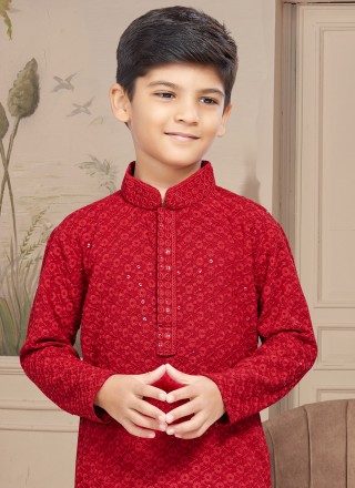 Red Lucknowi Mirror Kurta Pyjama