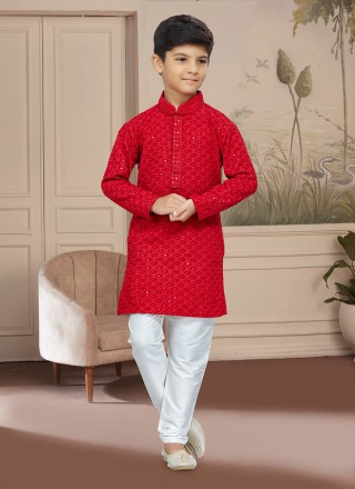 Red Lucknowi Mirror Kurta Pyjama