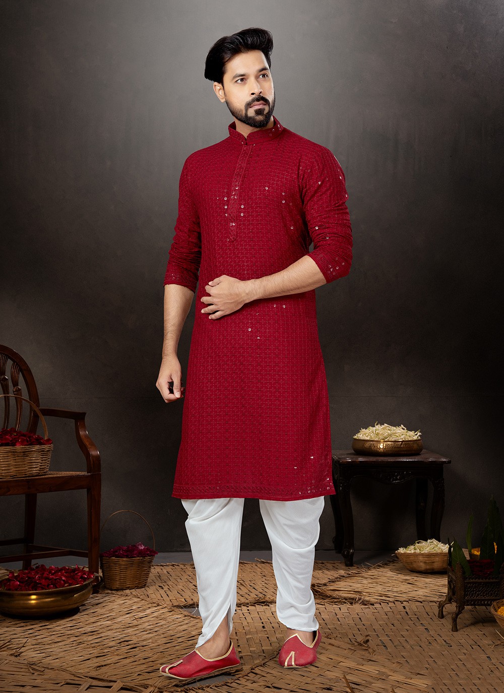 Shop Online Red Lucknowi work Engagement Kurta 268589 Mens