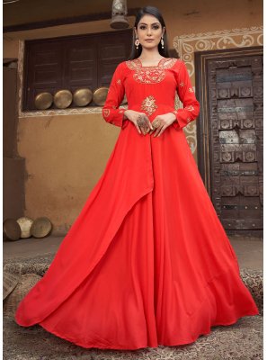 Red Muslin Festival Readymade Gown