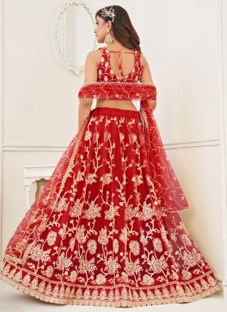 Red Net Embroidered and Thread Work Lehenga Choli for Ceremonial
