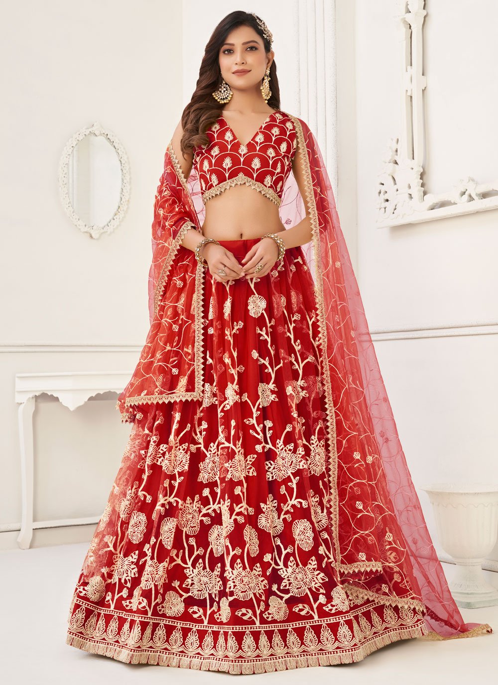 Buy Bride And Baraat Cherry Red Fully Embroidered Lavish Lehenga Choli With  Belt