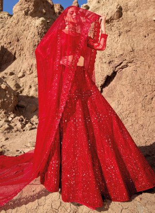 Red Net Lehenga Choli with Cut, Embroidered and Mirror Work for Engagement