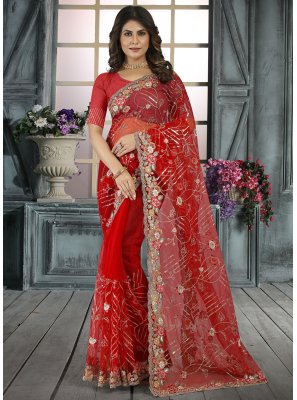 Red Party Net Contemporary Saree