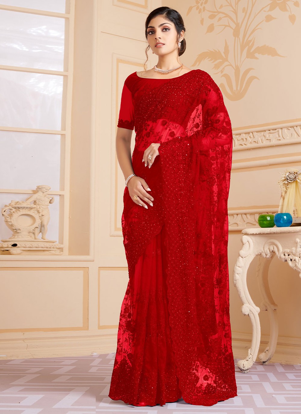 Red Party Net Saree