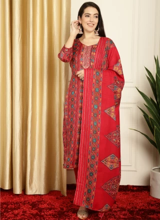 Red Pashmina Floral Print Salwar Suit