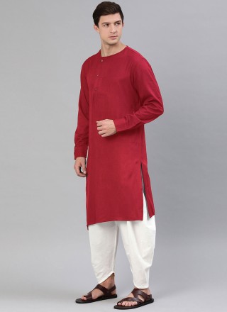 Red Plain Blended Cotton Dhoti Kurta