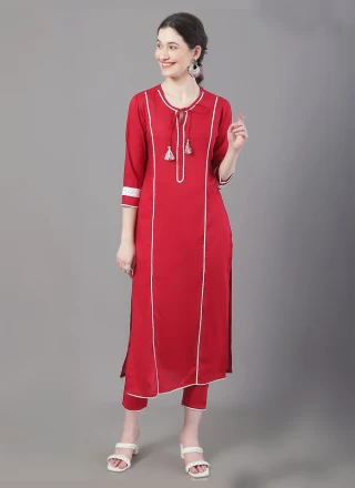 Red Plain Rayon Pant Style Suit