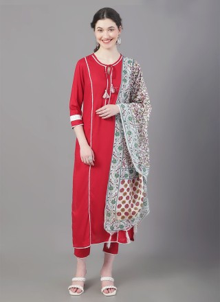 Red Plain Rayon Pant Style Suit