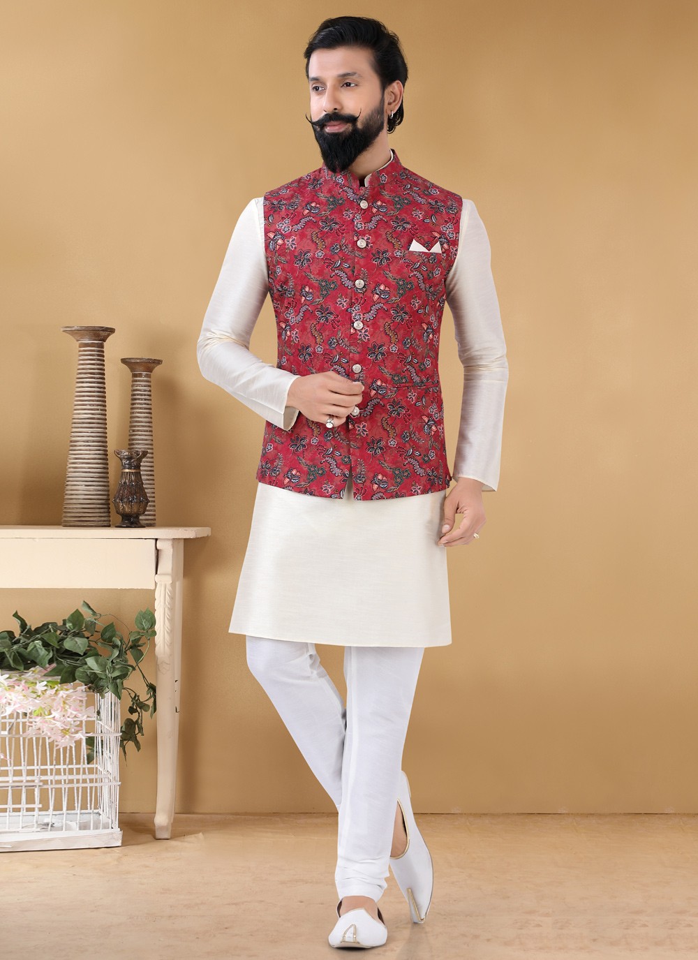 Buy Red Printed Cotton Nehru Jackets Online 248433 Mens