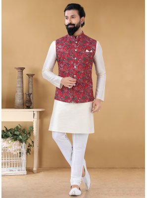Red Printed Cotton Nehru Jackets
