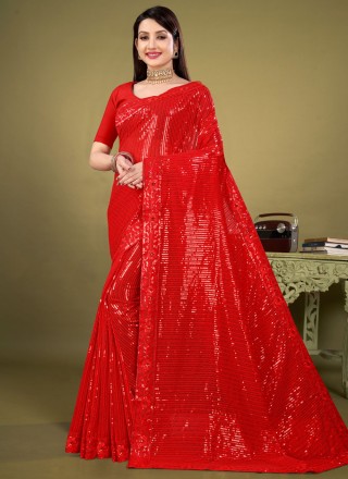 Red Sequins Georgette Classic Saree