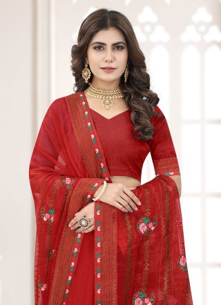 Red Shimmer Embroidered Contemporary Style Saree