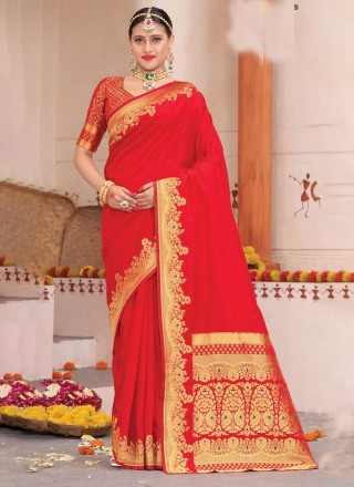Red Silk Ceremonial Contemporary Saree