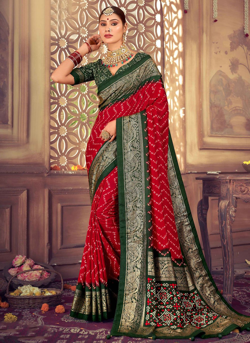 Red Silk Classic Sari with Abstract Print Work