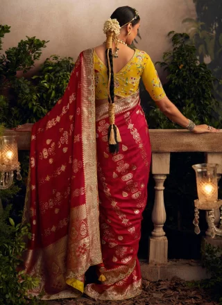 Red Silk Classic Sari with Embroidered and Weaving Work