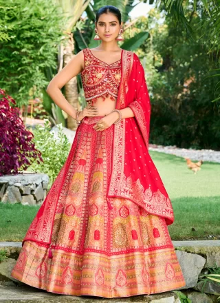 Red Bridal Lehenga Set In Silk With Double Border Goldwork SIN438SD –  ShreeFashionWear