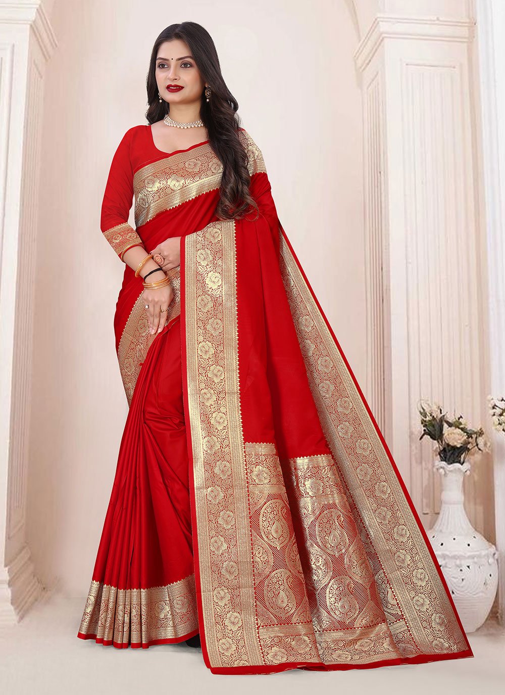 Red Crepe All-Over Stone Embellished Saree at Soch