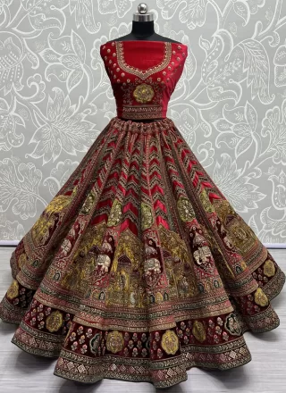 Red Velvet Dori, Embroidered, Patch Border, Sequins, Thread and Zari Work Lehenga Choli for Bridal