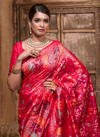 Red Weaving Banarasi Silk Contemporary Saree