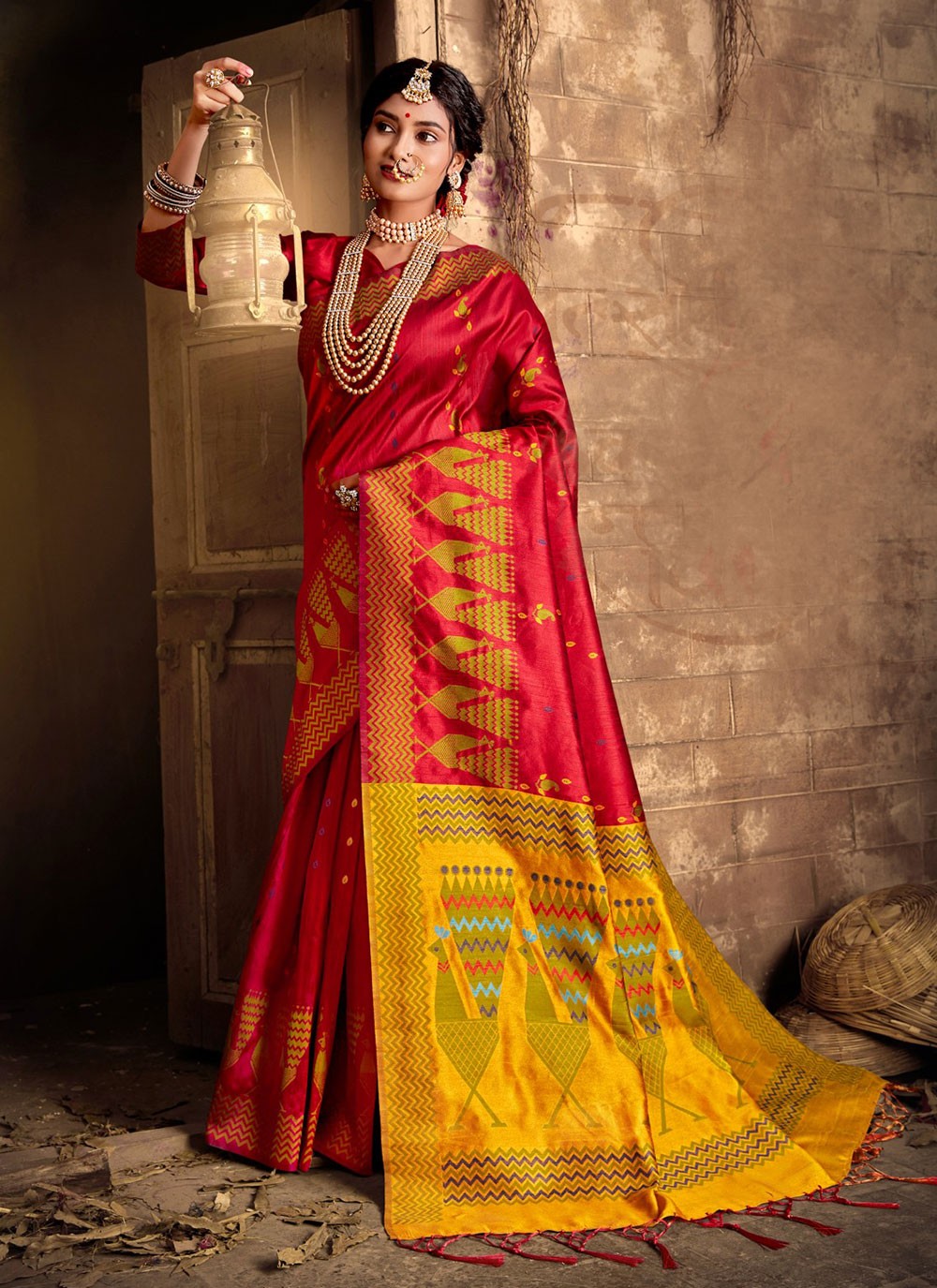 Red Weaving Contemporary Saree
