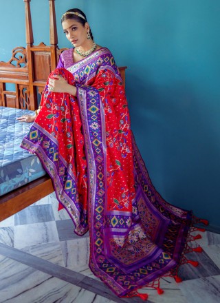 Red Woven Banarasi Silk Contemporary Style Saree