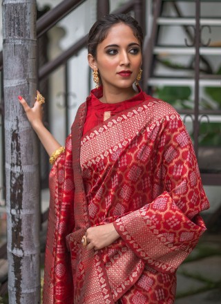 Red Zari Tussar Silk Trendy Saree