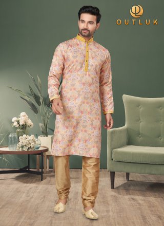 Renowned Multi Colour Cotton Kurta Pyjama with Digital Print, Sequins and Thread Work