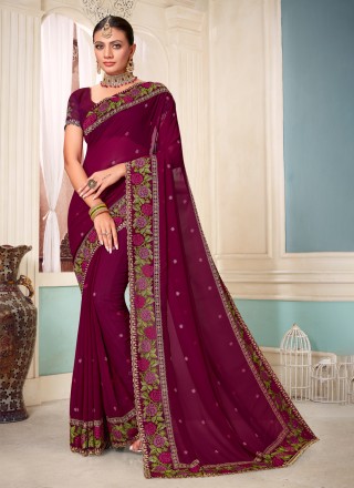 Wine Hand Embroidered Gota Patti Georgette Saree – Geroo Jaipur