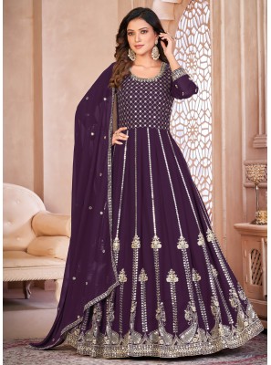 Resham Faux Georgette Purple Trendy Salwar Kameez