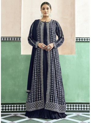 Resham Navy Blue Designer Gown