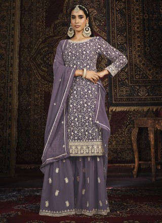 Resham Purple Faux Georgette Trendy Salwar Kameez