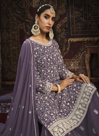 Resham Purple Faux Georgette Trendy Salwar Kameez