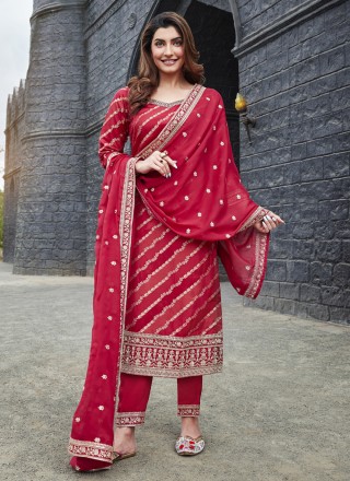 Resham Silk Red Pant Style Suit
