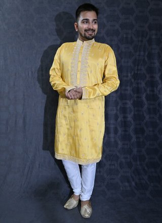 Riveting Yellow Silk Kurta Pyjama with Embroidered, Sequins and Thread Work