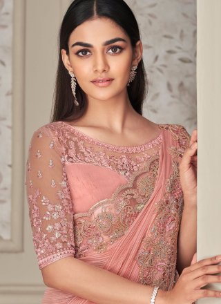 Rose Pink Embroidered Shimmer Georgette Classic Saree
