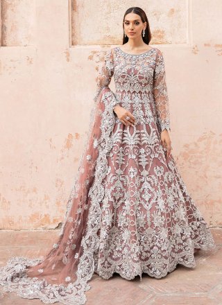 Rose Pink Net Floor Length Trendy Gown