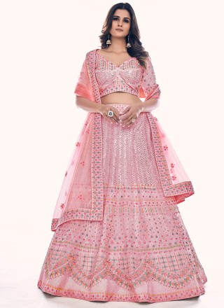 Rose Pink Party Net Designer Lehenga Style Saree