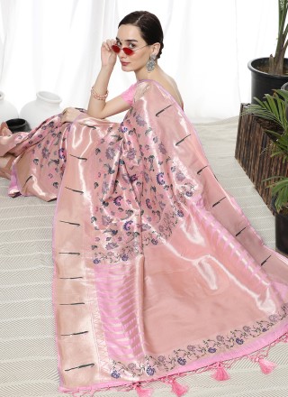 Rose Pink Zari Banarasi Silk Trendy Saree