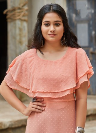 Ruffle Georgette Casual Kurti in Peach