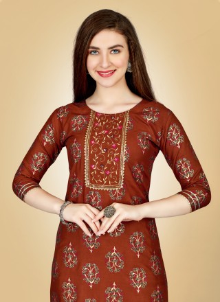 Rust Embroidered Casual Kurti