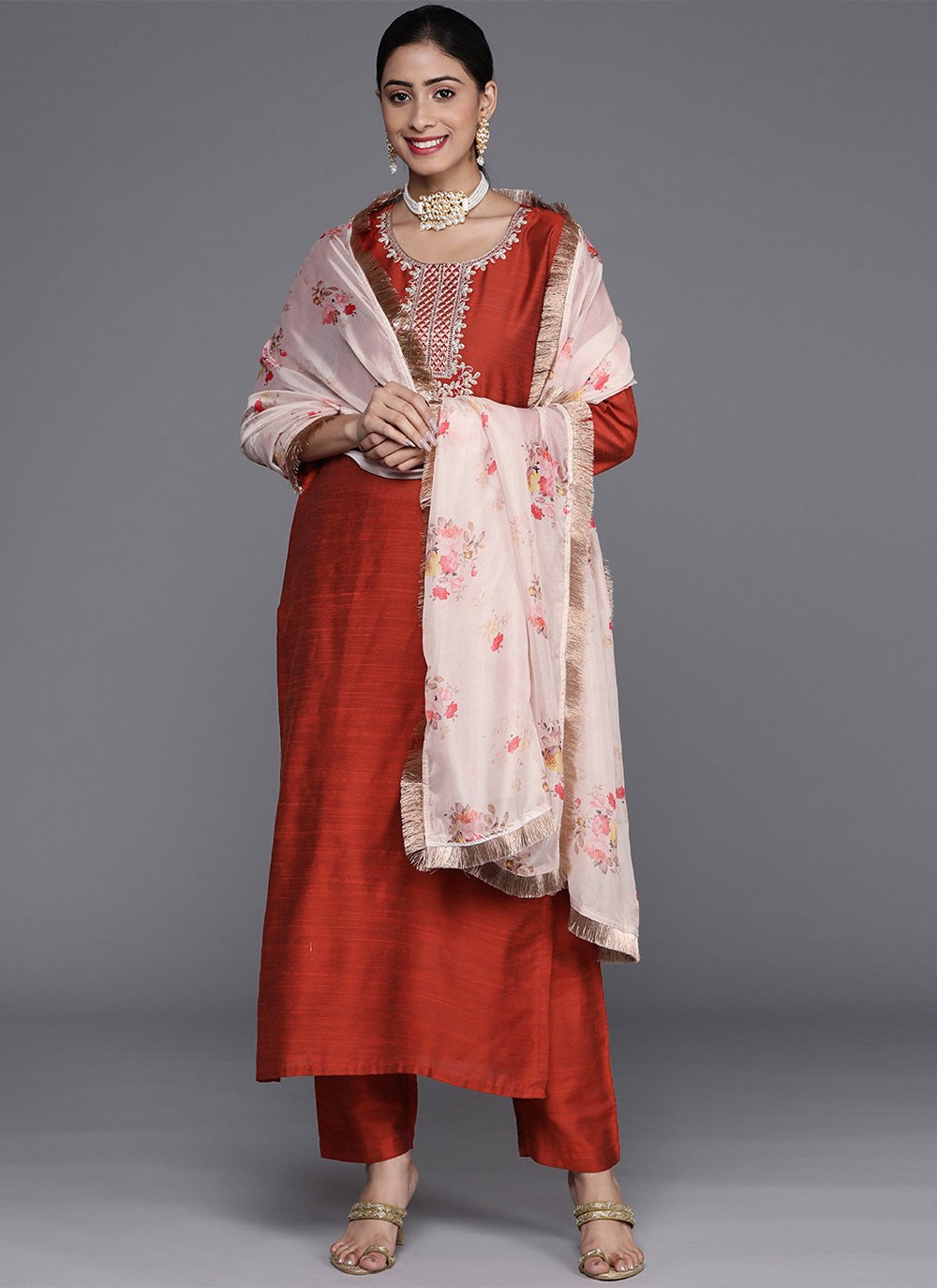 Shop Online Rust Embroidered Pant Style Suit : 253825