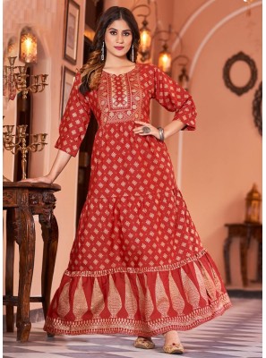 Rust Foil Print Rayon Gown