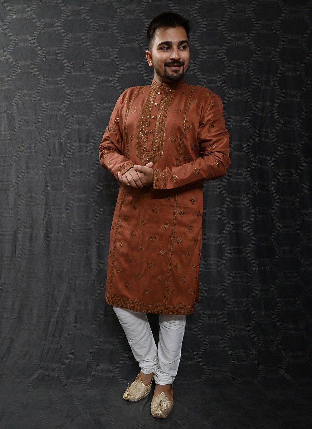 Rust Silk Kurta Pyjama with Embroidered, Sequins and Thread Work for Men