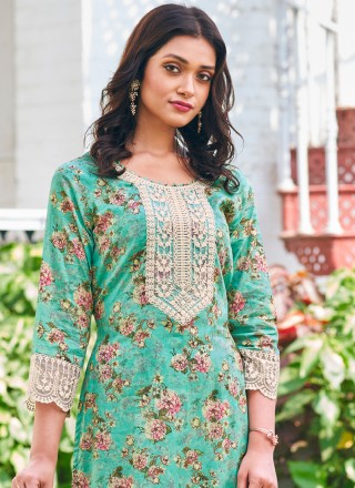 Salwar Kameez Digital Print Cotton in Turquoise
