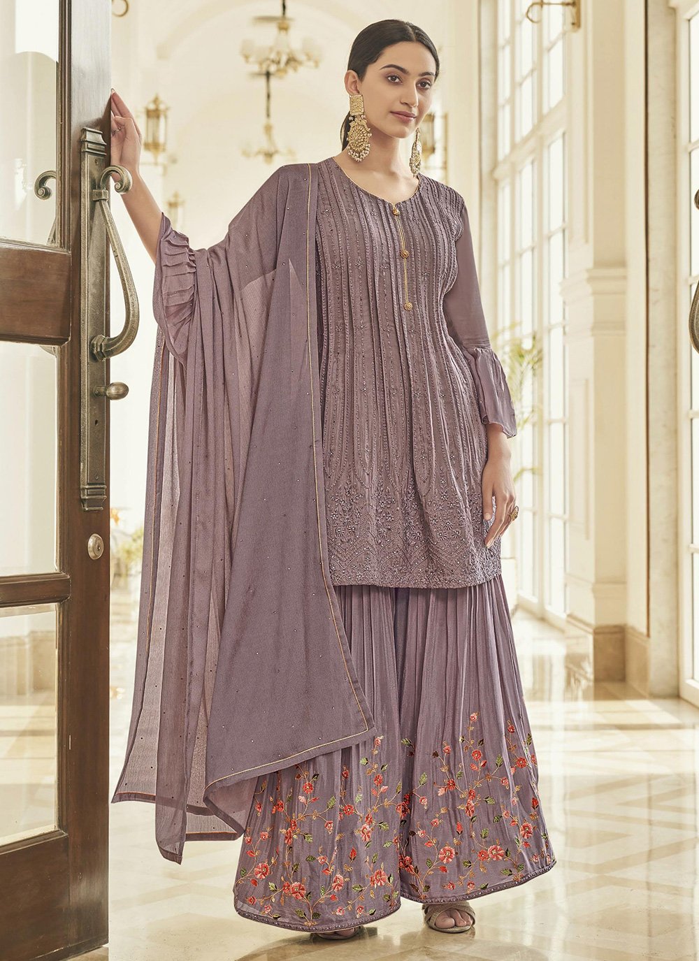 Buy Salwar Kameez Embroidered Silk In Lavender : 251510