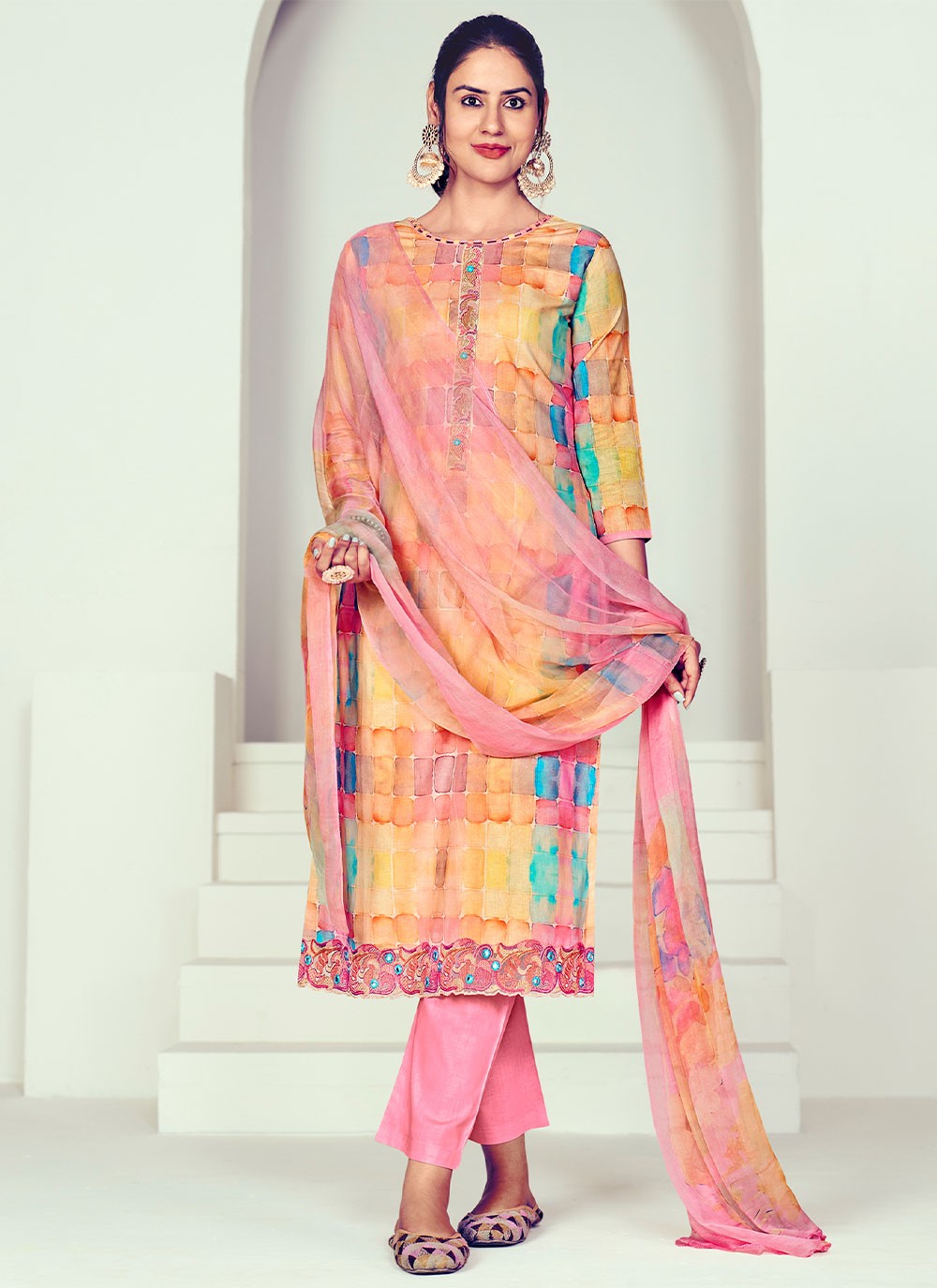 Salwar Kameez Resham Thread Work Cotton in Multi Colour