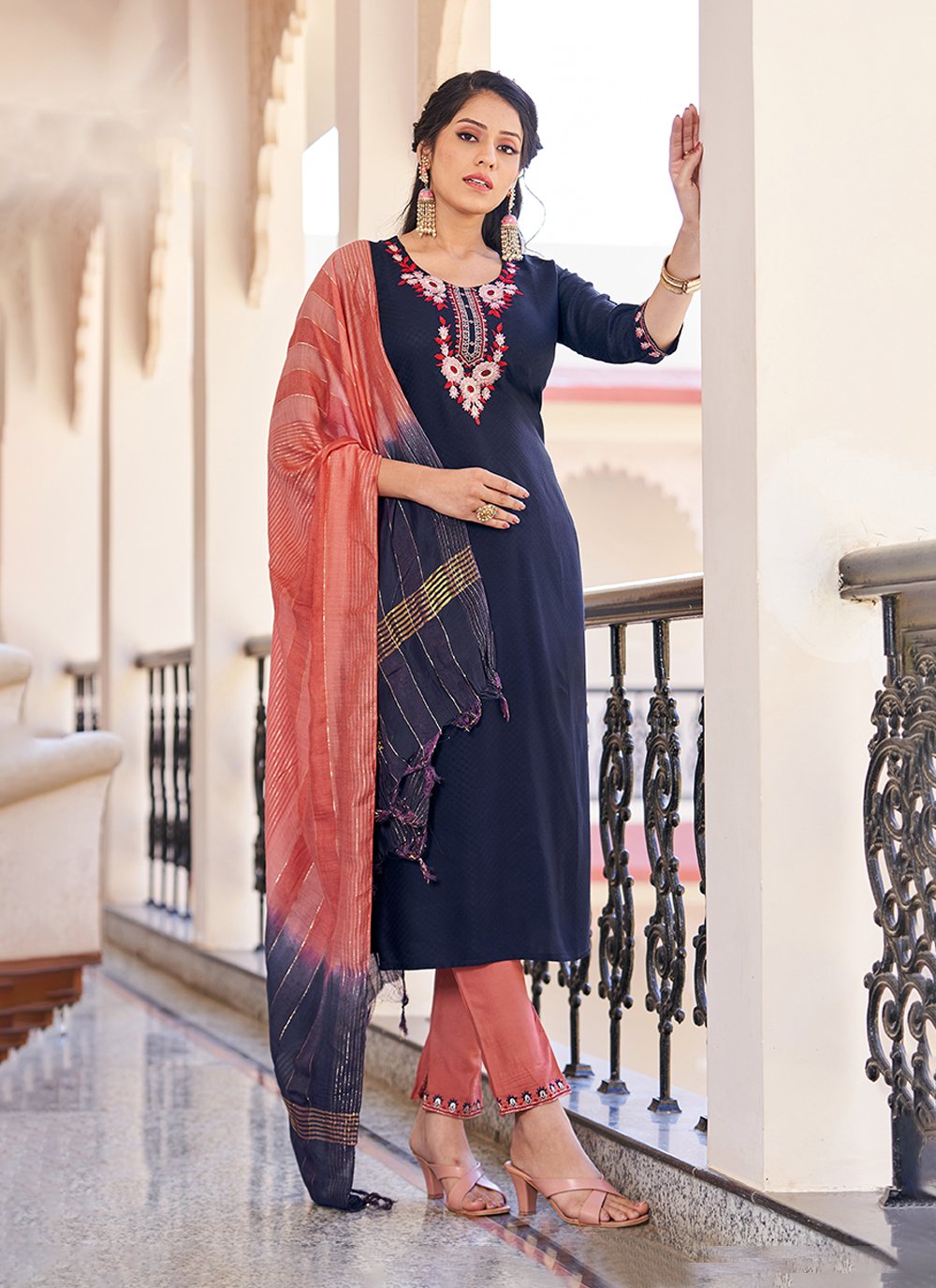 Salwar Suit Embroidered Viscose in Navy Blue