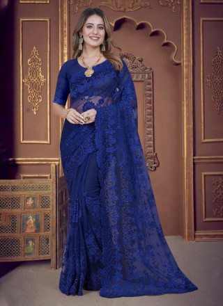 Saree Embroidered Net in Navy Blue